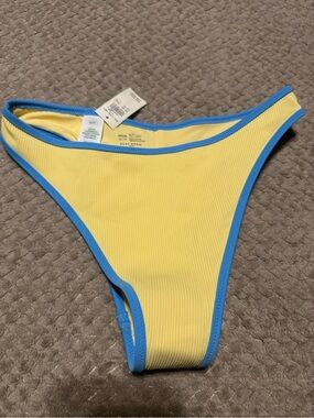 Aerie Yellow Ribbed Bikini Bottom with Blue Trim